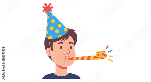 Young boy celebrating with a party hat and a noise maker  