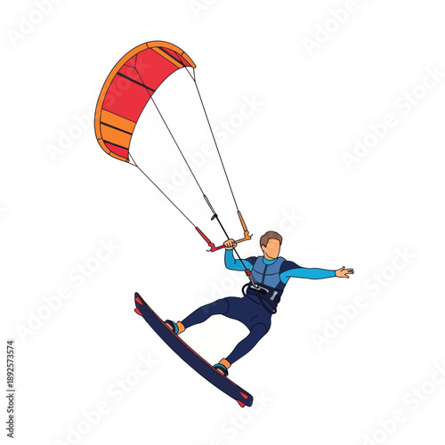 Man kitesurfing with parachute above water in sunny weather  