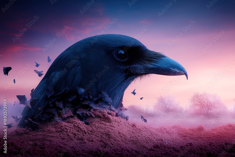 Fototapeta premium Raven emerges from earth at dawn with trees and fog in the background