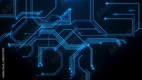 Abstract Blue Digital Circuit Board Animation with Glowing Lines and Nodes on Black Background