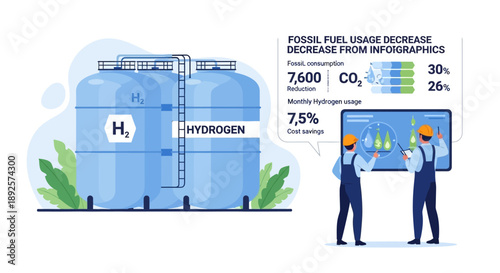 Infographic illustration of two businessmen discussing hydrogen fuel usage and CO2 reduction in an industrial setting.
