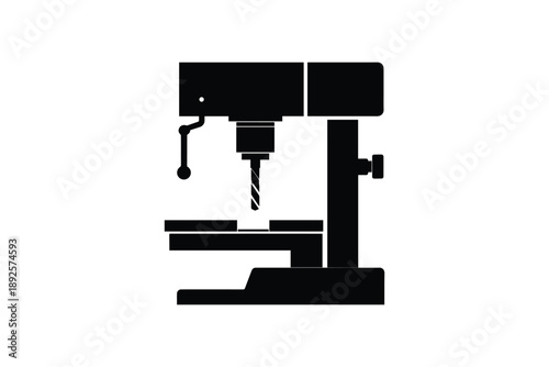 Black silhouette of a drill press machine on a white background, industrial workshop equipment