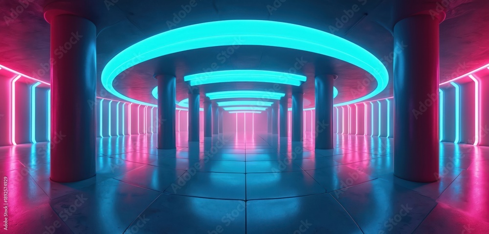 Obraz premium Empty futuristic hall with vibrant neon lights. Pink, blue glowing strips illuminate concrete room, reflecting on shiny floor. Pillars create depth in modern tech space, digital environment with