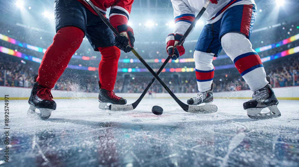 Obraz premium Ice hockey face off promotion scene with two players battling for the puck on a crowded arena rink.