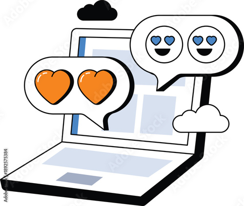 Online romantic chat on laptop computer with hearts and emojis vector illustration