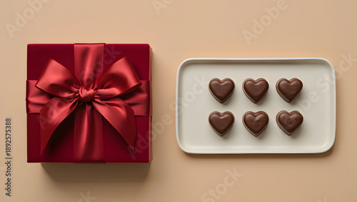 Valentine's Day: Stylish Flat Lay with Pralines and a Golden Bow.
