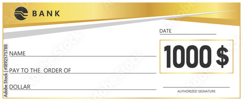 Golden check template. Blank banking check for payment, donation, or prize. Elegant gold wave design on white background. Financial business concept for gift or reward.