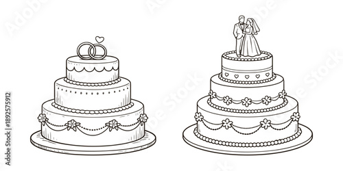 Wedding Cake with Rings and Bride and Groom Figurine, Vector Illustration