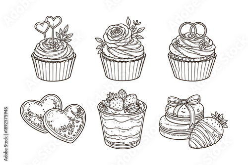 Valentine's Day Wedding Desserts - Cupcakes, Heart Cookies, and Strawberries, Vector Illustration