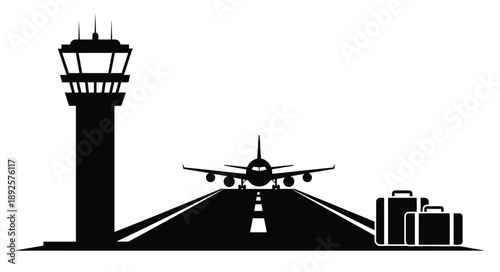 Black and white illustration of an airport control tower plane and luggage