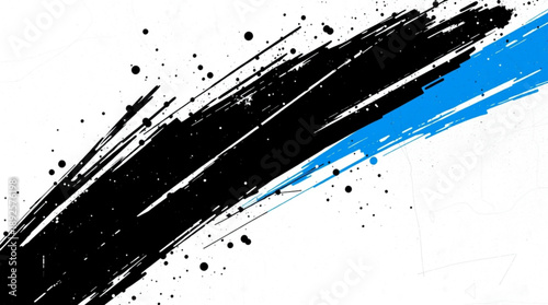 Abstract black and blue diagonal brushstroke with ink splatters on a white background, creating a dynamic grunge art effect.