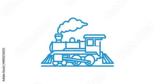A simple blue line drawing of a vintage steam locomotive with smoke