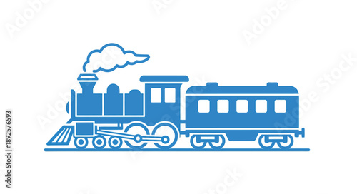 A simple blue illustration of a vintage steam train with smoke