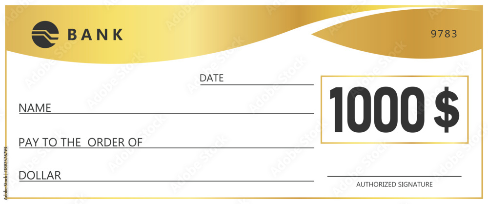 Obraz premium Golden check template. Blank banking check for payment, donation, or prize. Elegant gold wave design on white background. Financial business concept for gift or reward.