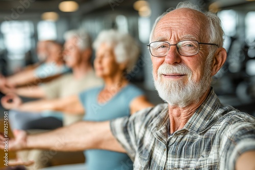 Seniors enjoying chair yoga in a spacious studio for better health and relaxation Generative AI