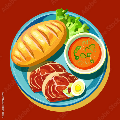 Meat platter with bread sticks and dipping sauces served on a circular plate - Vector Illustration