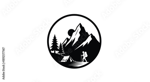 Black and white circular design featuring mountains hiker and camping scene