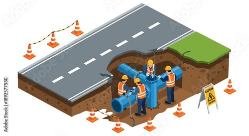 Isometric illustration of construction workers installing pipes under a road with traffic cones and a roadwork sign.