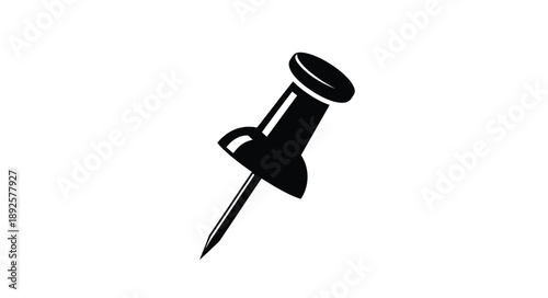 A simple black silhouette illustration of a push pin