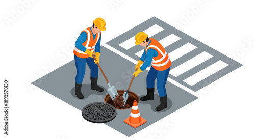 Two workers in safety gear cleaning a street drain with tools and a cone nearby on a gray road surface