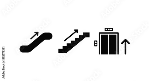 Simple black and white icons depicting escalators stairs and an elevator