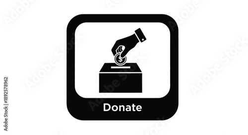 Black and white illustration of a hand dropping a coin into a donation box