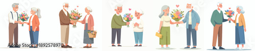 vector of a grandpa standing giving flowers to grandma
