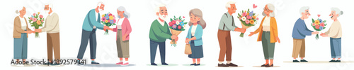 vector of a grandpa standing giving flowers to grandma
