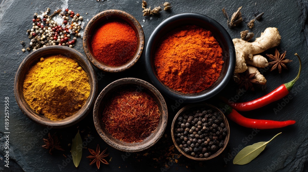 Fototapeta premium An artistic arrangement of spices in bowls, showcasing vibrant colors and textures on a dark surface.