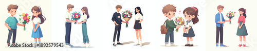 vector of a little boy giving flowers to a little girl