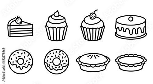 Minimalist Cake and Cupcake Line Art Icon Collection: Sweet Bakery Dessert Vector Set