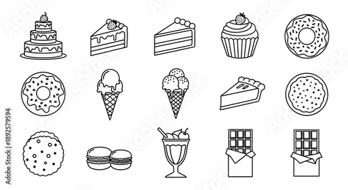Minimalist Cake and Cupcake Line Art Icon Collection: Sweet Bakery Dessert Vector Set