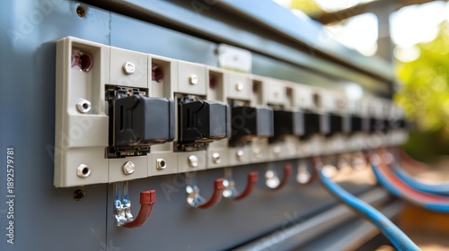 A detailed view of an industrial electrical power distribution panel with multiple circuits and protective breakers