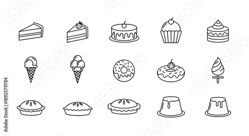 Minimalist Cake and Cupcake Line Art Icon Collection: Sweet Bakery Dessert Vector Set