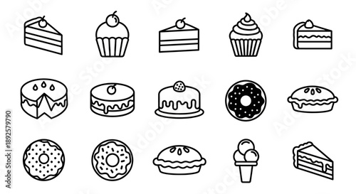 Minimalist Cake and Cupcake Line Art Icon Collection: Sweet Bakery Dessert Vector Set