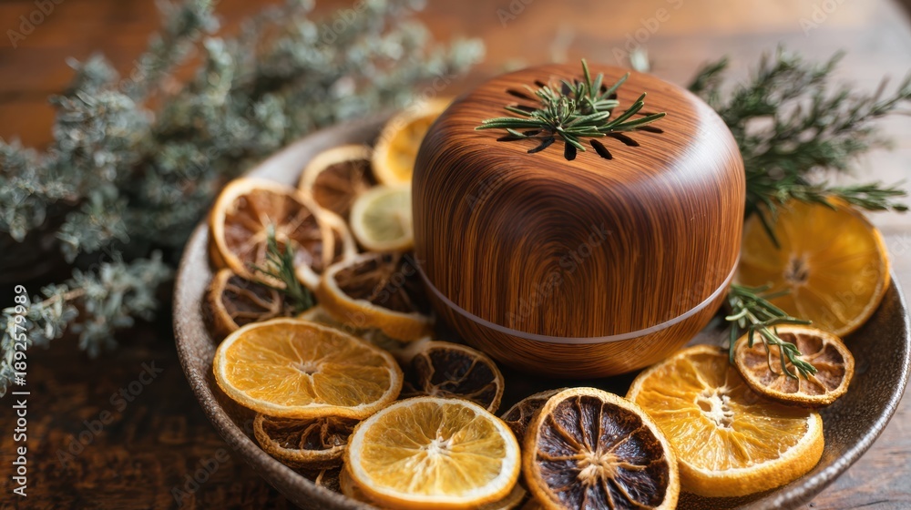Fototapeta premium Artfully arranged dried citrus fruits with a decorative wooden bowl and fresh herbs, creating a warm, inviting display.