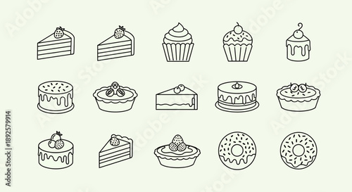 Minimalist Cake and Cupcake Line Art Icon Collection: Sweet Bakery Dessert Vector Set