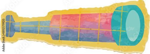 Vector  illustration of Spyglass telescope with colorful watercolor pattern and yellow outline isolated on transparent background
