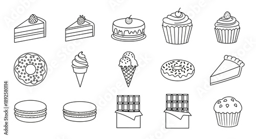 Minimalist Cake and Cupcake Line Art Icon Collection: Sweet Bakery Dessert Vector Set