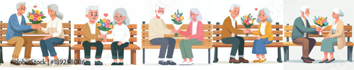 vector of grandpa and grandma sitting on a park bench giving a flower