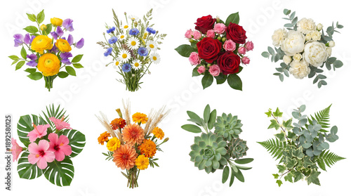 Flower bouquet set including roses, wildflowers, succulents, tropical hibiscus, and seasonal arrangements isolated. Floral decoration and nature collection.