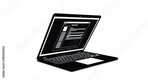 Black and white illustration of a modern laptop with a coding interface