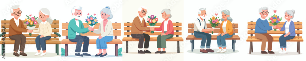 Obraz premium vector of grandpa and grandma sitting on a park bench giving a flower