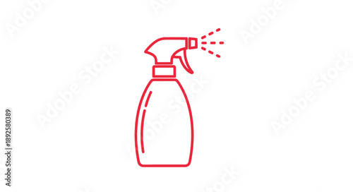 Red line art illustration of a spray bottle dispensing liquid