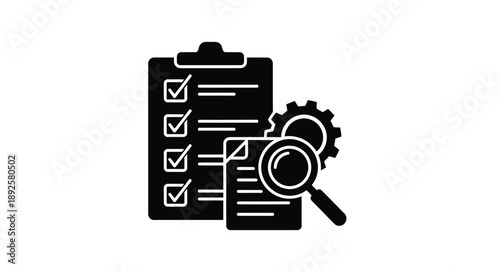 Checklist with gears and magnifying glass representing process review