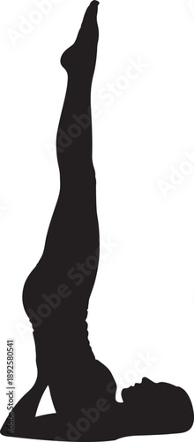 Silhouette of woman practicing shoulder stand yoga pose on white background