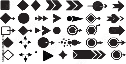 Bullet points. List icon set with geometric shapes, arrows, stars, hearts in outline style. Isolated vector bullet point collection