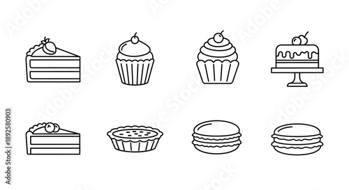 Minimalist Cake and Cupcake Line Art Icon Collection: Sweet Bakery Dessert Vector Set