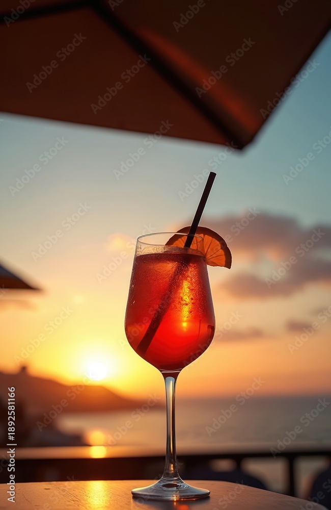 Naklejka premium Red cocktail with orange slice and straw sits on table by sea at sunset. Sun sets over water, sky turns orange and blue. Drink cools, evening ambiance.