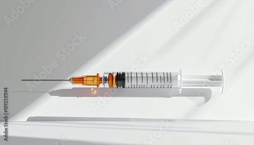 Medical syringe with a needle on a clean white surface with dramatic shadow